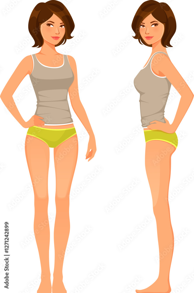 beautiful Eastern Asian woman in underwear, from front or profile view. Dieting or slimming concept. Cartoon illustration, isolated on white. beautiful Eastern Asian woman in underwear, from front or profile view. Dieting or slimming concept. Cartoon illustration, isolated on white.