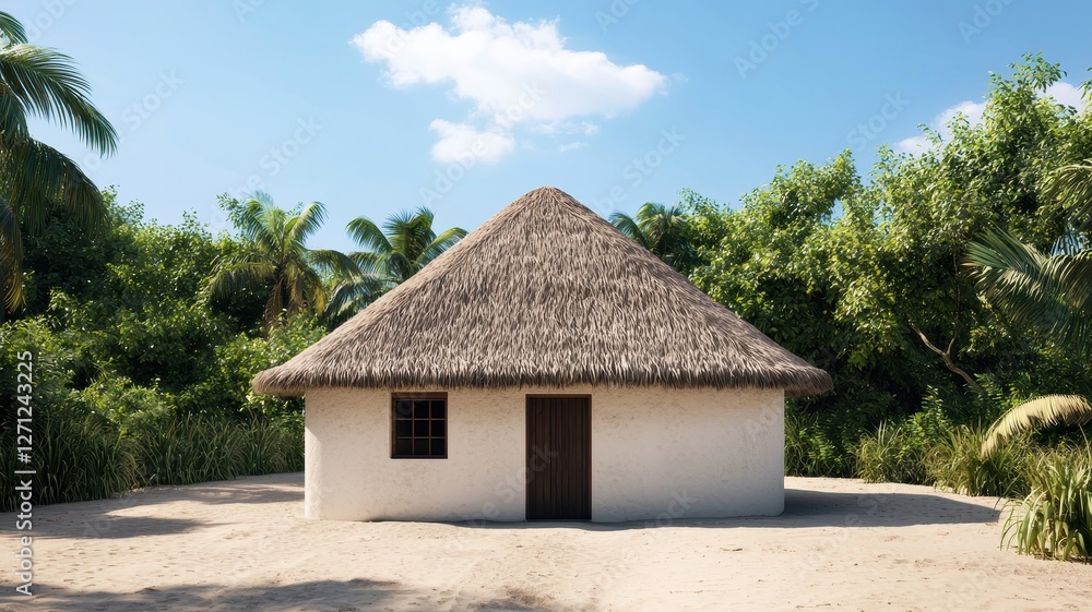 Tropical Thatched Hut on Sandy Beach Lush Green Foliage Sunny Day Tropical Thatched Hut on Sandy Beach Lush Green Foliage Sunny Day