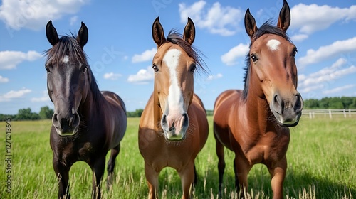 Three majestic horses of different colors standing together in a bright green field under a clear sky : Generative AI photo