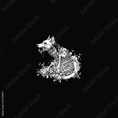 rotting wolf carcass with wildflowers surrounding it design vector template illustration
