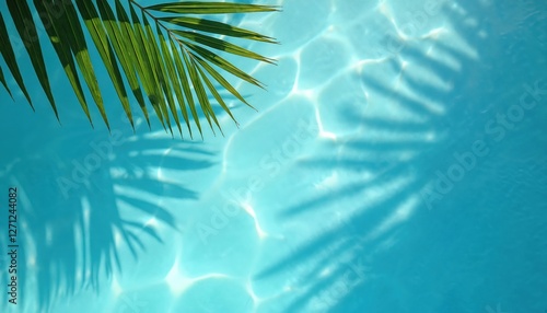 Top view of clean blue turquoise pool water with palm leaf shadow and bright sunlight. Abstract summer tropical background with waves, ripples, light effects for holiday vacation themes.