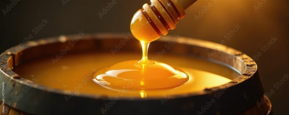 Honey dripping into the barrel with reflection, honey, viscous liquid Honey dripping into the barrel with reflection, honey, viscous liquid