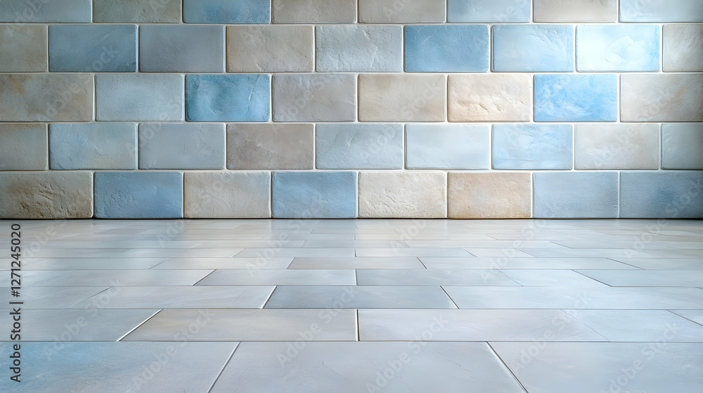 Fototapeta premium Blue and beige rectangular ceramic tiles cover the wall and floor of an empty modern room illuminated by soft natural light.