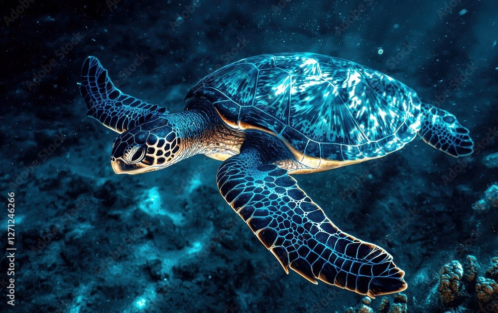 Fototapeta premium A sea turtle with barnacles on its shell in deep water