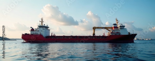 Platform supply vessel alongside offshore barge in calm waters, offshore, equipment
