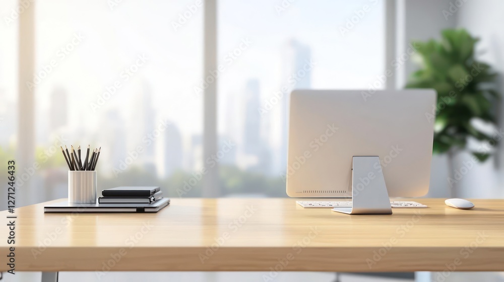 Fototapeta premium Modern Minimalist Office Workspace with City View
