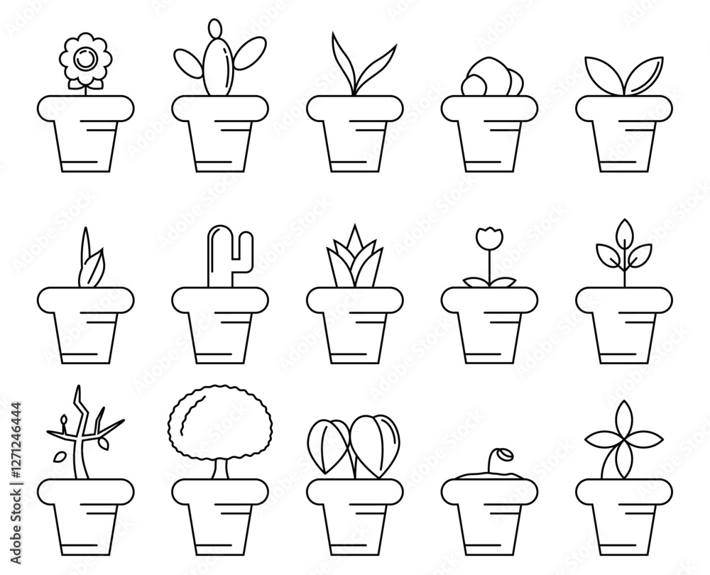 vector set of plant’s pot for gardening icons. black icon set of flower pot in outline design. vector set of plant’s pot for gardening icons. black icon set of flower pot in outline design.