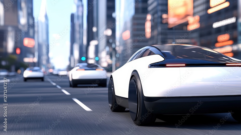 A sleek, modern white car drives through a bustling city street, showcasing urban life and advanced automotive design. A sleek, modern white car drives through a bustling city street, showcasing urban life and advanced automotive design.