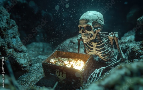 A skeleton deep-sea explorer discovering a treasure chest photo