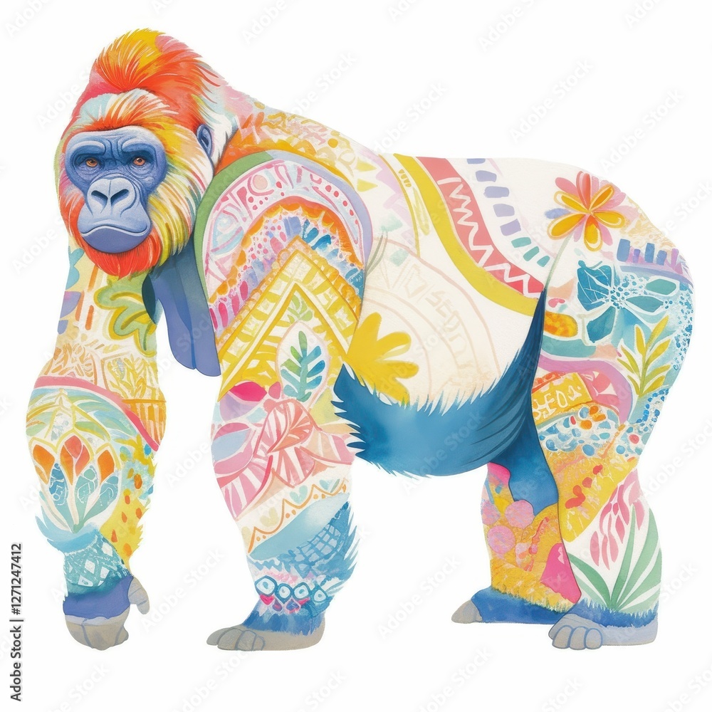 Obraz premium Vibrant Colorful Gorilla Artwork Tropical Floral Pattern Animal Print Design Jungle Theme