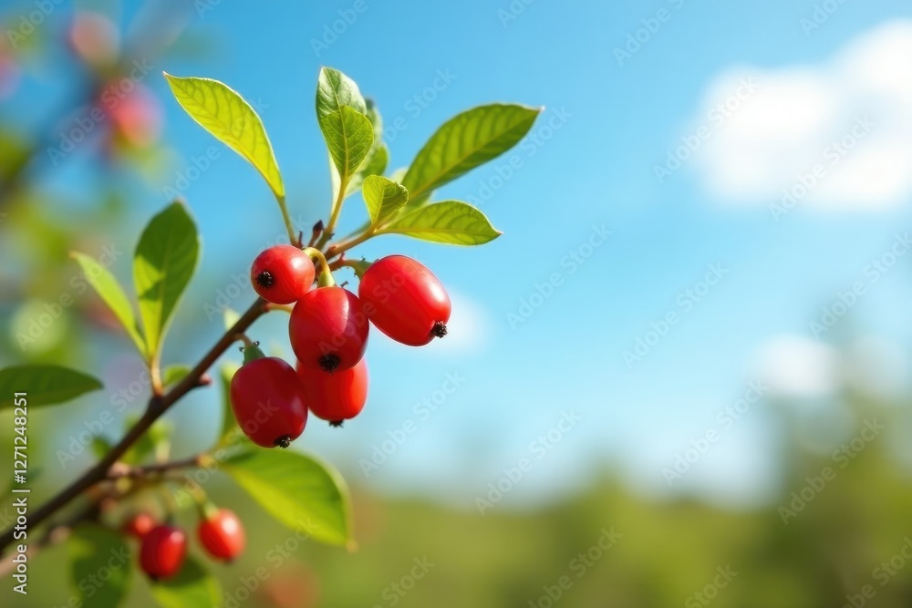 Sea buckthorn berries on a single stem with a few leaves in the open sky, nature, berries Sea buckthorn berries on a single stem with a few leaves in the open sky, nature, berries