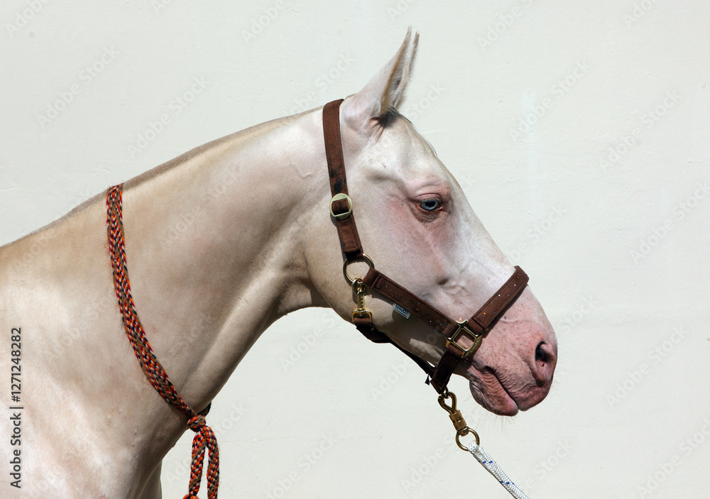 Akhal-teke horse portrait on the light wall background