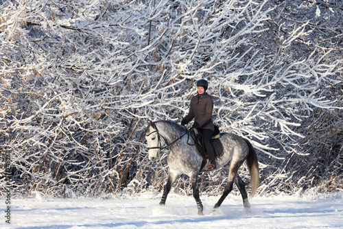 Obraz na płótnie Equestrian girl riding horseback in snowing winter forest
w salonie