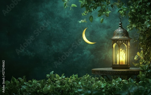 Ramadan Mubarak background with a metal table in the foreground, featuring a gold lantern and crescent moon, set against a solid dark forest green background, photorealistic.