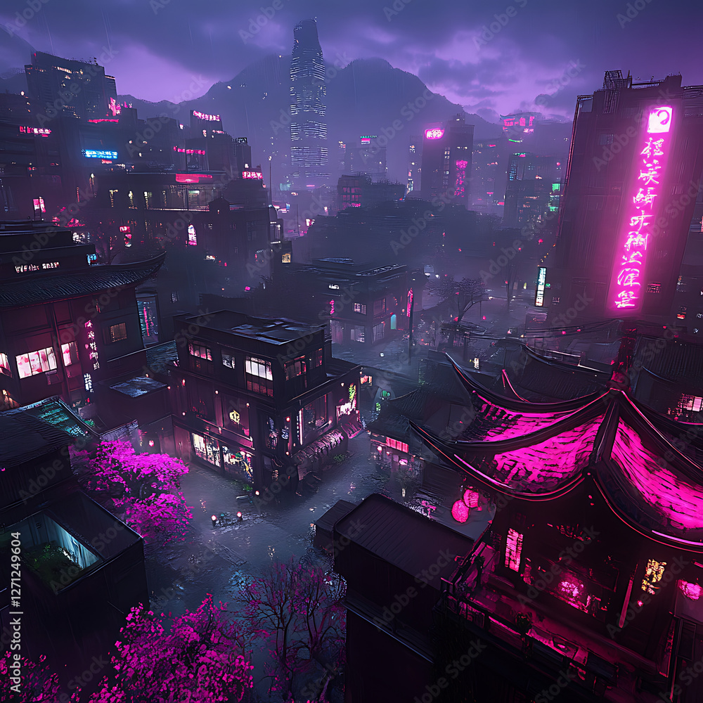 Neon Cyberpunk Cityscape with Pink Cherry Blossoms and Towering Skyscrapers at Twilight Hour