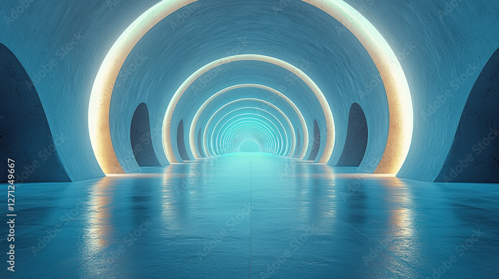 Obraz premium Futuristic tunnel with symmetrical lines and glowing lights creates serene atmosphere.