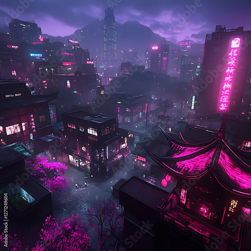 Obraz na płótnie Neon Cyberpunk Cityscape with Pink Cherry Blossoms and Towering Skyscrapers at Twilight Hour w salonie