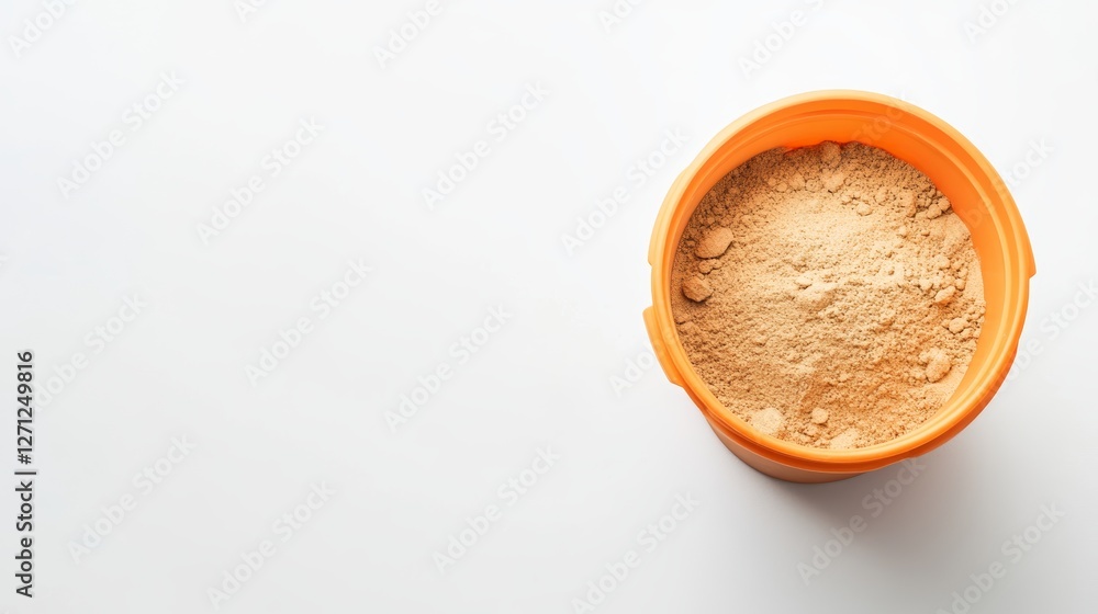 Orange Bucket of Powder on White Background Top View with Copy Space Orange Bucket of Powder on White Background Top View with Copy Space