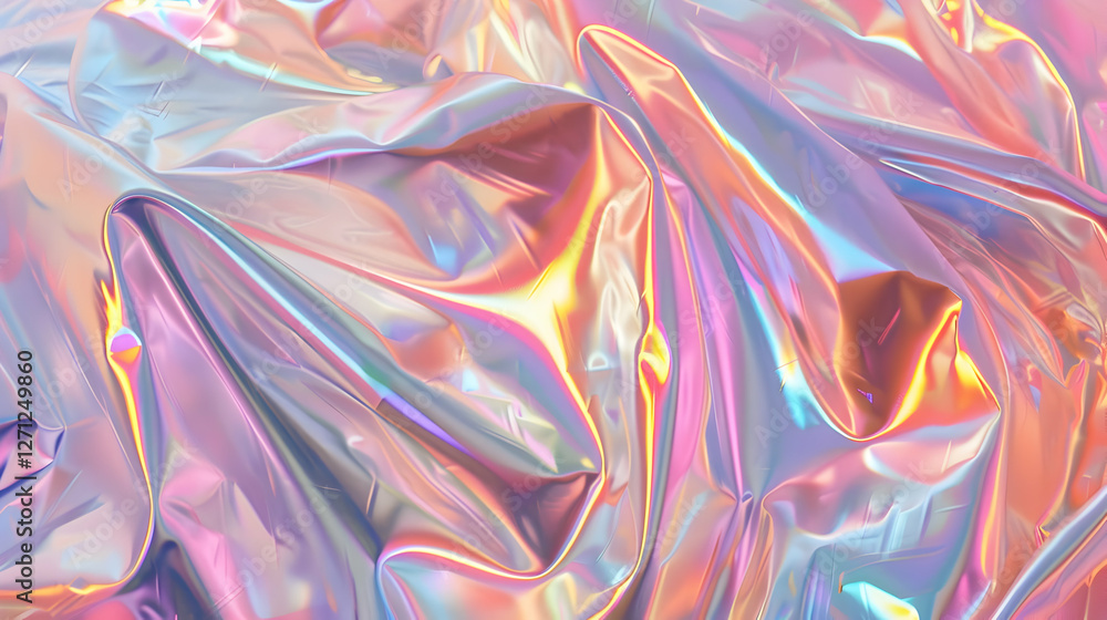 Fototapeta premium Colorful iridescent fabric draped artistically, showcasing vibrant hues and smooth textures (1)