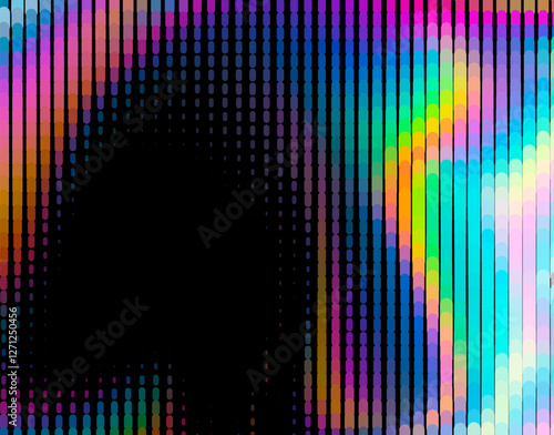 Colorful vertical bars in a wave-like pattern create a vibrant, rhythmic display on a black background, resembling a soundwave equalizer with a spectrum of rainbow hues.