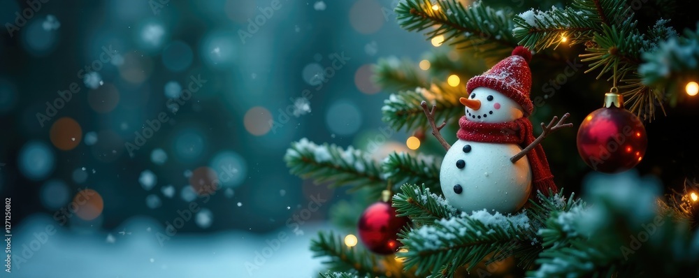Snowman and snowflakes on the branches of a tall, dark green Christmas tree, decorations, winter wonderland, snowflakes Snowman and snowflakes on the branches of a tall, dark green Christmas tree, decorations, winter wonderland, snowflakes