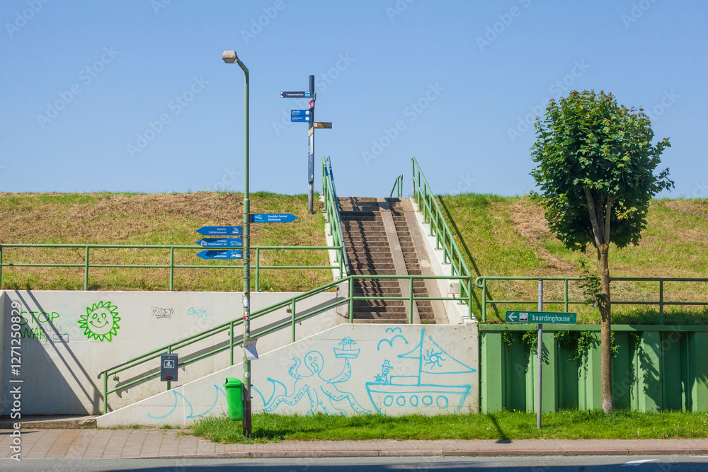 Treppe an einem Deich, Bremerhaven, Deutschland Treppe an einem Deich, Bremerhaven, Deutschland