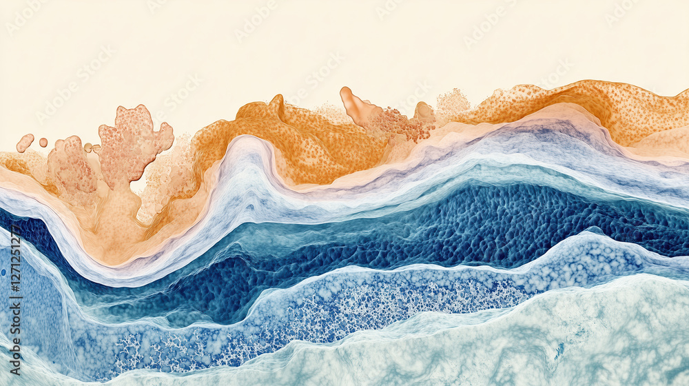 Fototapeta premium Sleek modern illustration of layered textures resembling ocean waves, showcasing shades of blue, orange, and cream. design evokes sense of calm and fluidity