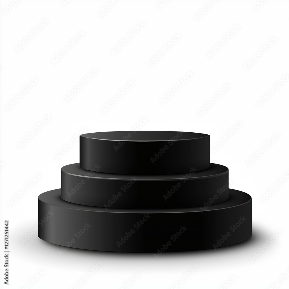 Realistic illustration of a two-tiered black matte podium with smooth edges, subtle shading, and soft shadows, set against a clean white background for a professional and striking design. Realistic illustration of a two-tiered black matte podium with smooth edges, subtle shading, and soft shadows, set against a clean white background for a professional and striking design.