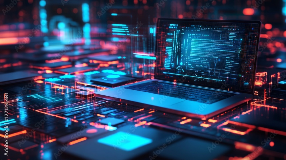 Futuristic Laptop Display with Glowing Code. A mesmerizing digital circuit board with a laptop showcasing lines of code. A breathtaking display of modern technology. Futuristic Laptop Display with Glowing Code. A mesmerizing digital circuit board with a laptop showcasing lines of code. A breathtaking display of modern technology.