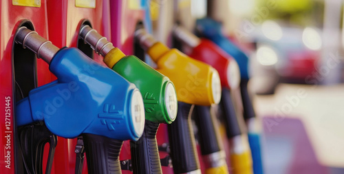 Wallpaper Mural Brightly colored gas station nozzles arranged neatly, ready for customers to refuel their vehicles under clear blue skies Torontodigital.ca