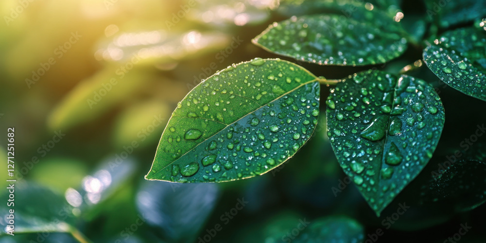 Fototapeta premium Dew drops sparkle on lush green leaves during the early morning, creating a serene and refreshing atmosphere as sunlight filters through