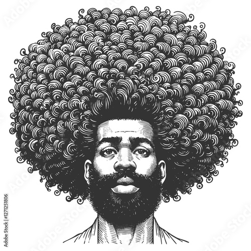 man with an exaggerated voluminous afro hairstyle, blending artistic surrealism with a bold vintage aesthetic sketch engraving generative ai vector illustration. Scratch board. Black and white image.