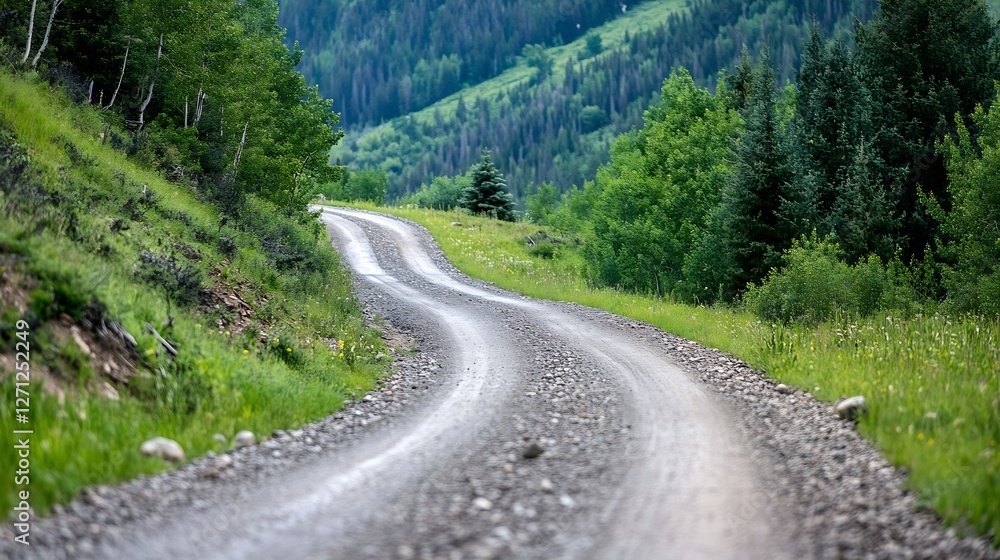 Curvy gravel road winding through lush green hills and dense trees in a beautiful natural landscape : Generative AI Curvy gravel road winding through lush green hills and dense trees in a beautiful natural landscape : Generative AI