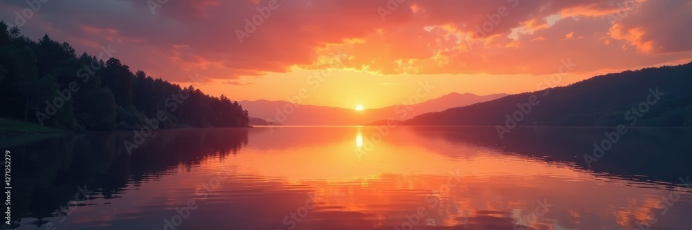 Softly glowing orange hues upon the lake's surface at dusk, warmth, sunset, serene Softly glowing orange hues upon the lake's surface at dusk, warmth, sunset, serene