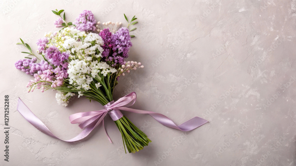 Obraz premium A delicate bouquet of purple and white flowers on a smooth gray-beige background. A satin ribbon wraps around the stems, adding elegance and romantic charm.