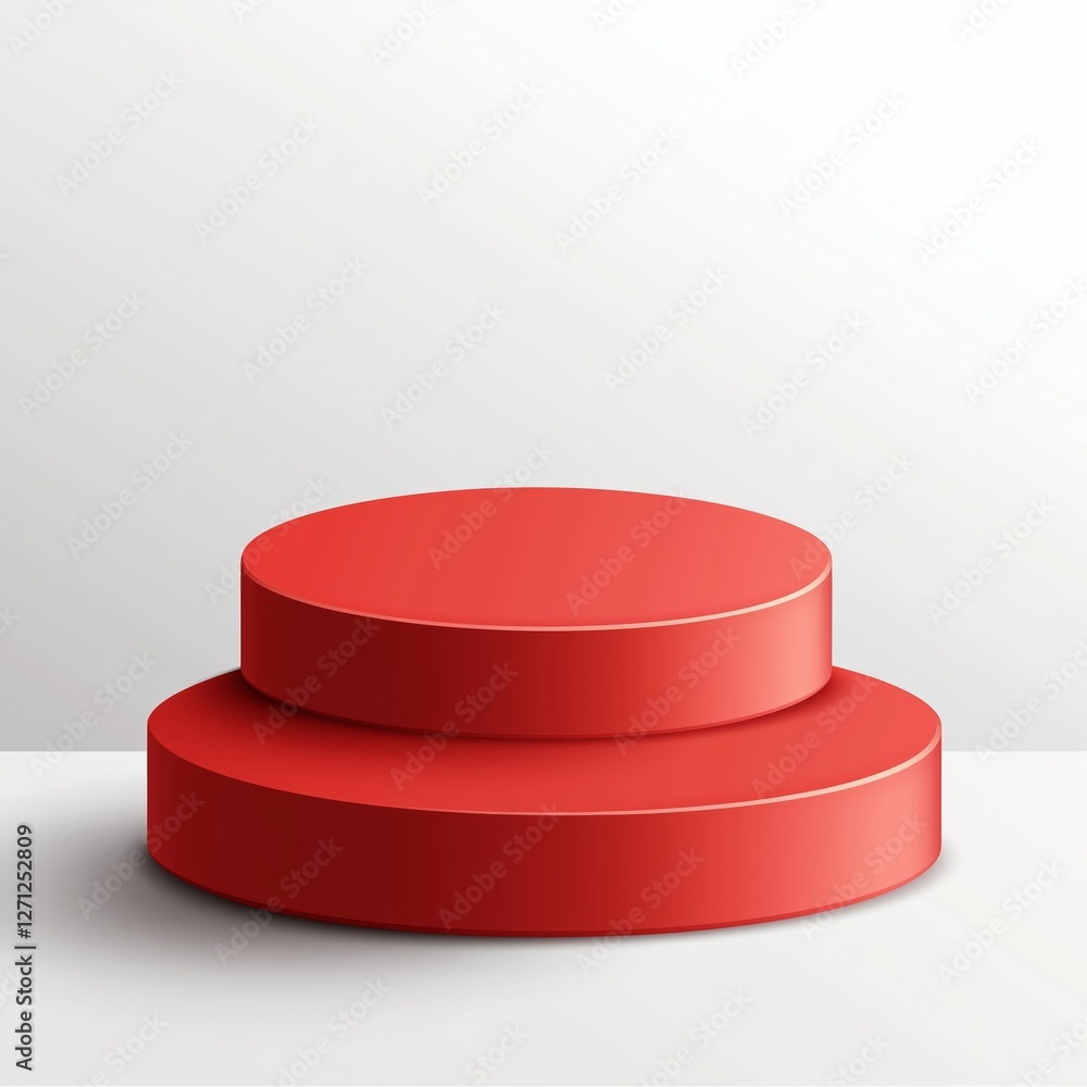 Realistic illustration of a two-tiered red matte podium with smooth edges, subtle shading, and soft shadows, set against a clean white background for a striking, professional design. Realistic illustration of a two-tiered red matte podium with smooth edges, subtle shading, and soft shadows, set against a clean white background for a striking, professional design.