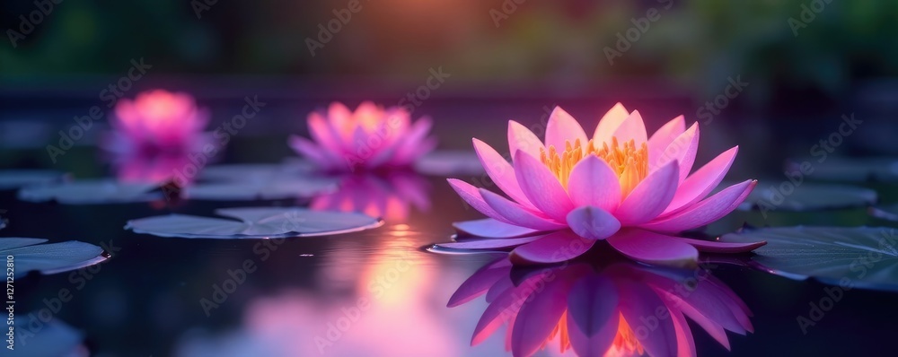 Softly glowing water lilies bloom on the surface of a light purple pond at dusk, garden, flower Softly glowing water lilies bloom on the surface of a light purple pond at dusk, garden, flower