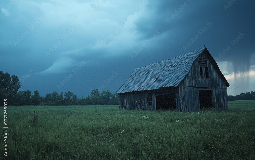 A thunderstorm over an abandoned barn, rain pouring down A thunderstorm over an abandoned barn, rain pouring down