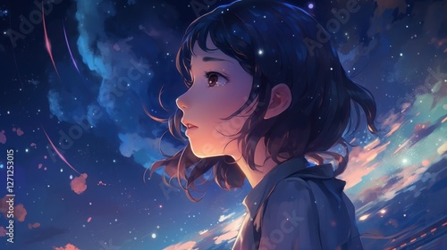 Wallpaper Mural A Stunning Anime-Style Wallpaper of a Beautiful Woman Under a Starry Sky Torontodigital.ca
