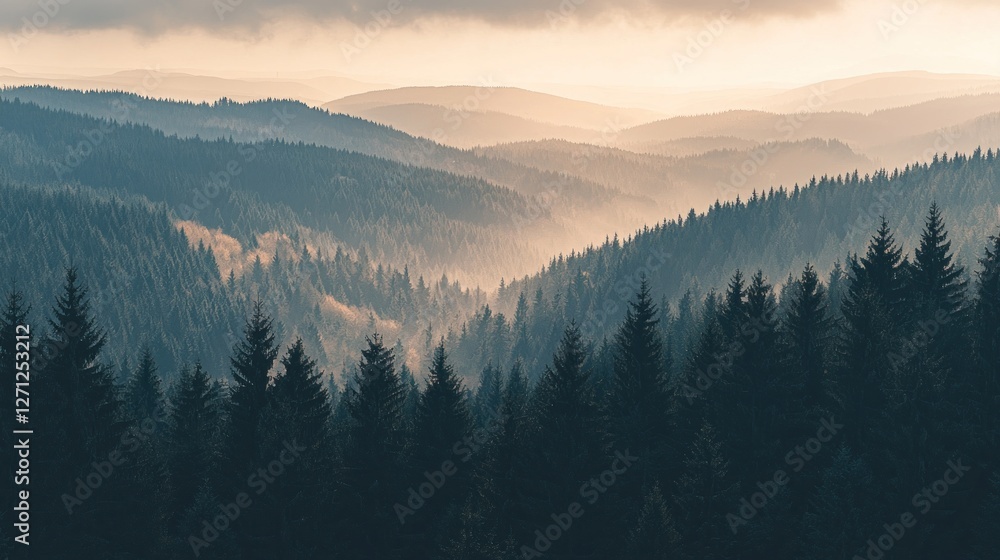 Obraz premium Misty Mountain Forest Panorama at Dawn