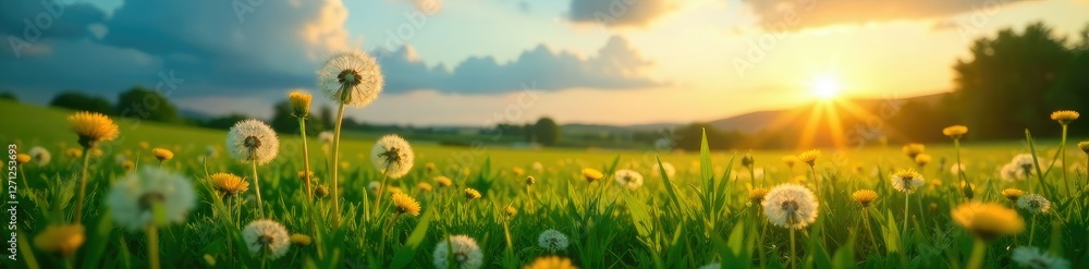 Obraz premium White dandelion blooms on a lush emerald green meadow under a clear blue sky at sunset, dandelions, landscape