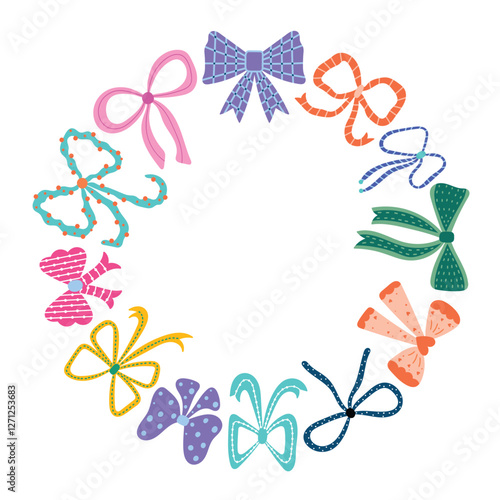 Wreath of bows on a transparent background. Cute frame. Various cute bow knots, gift ribbons. Hand drawn vector illustration. Can be used in texile industry, paper, background, scrapbooking.