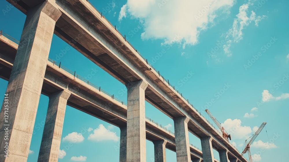 Elevated Highway Construction Modern Concrete Viaduct Against Blue Sky Elevated Highway Construction Modern Concrete Viaduct Against Blue Sky