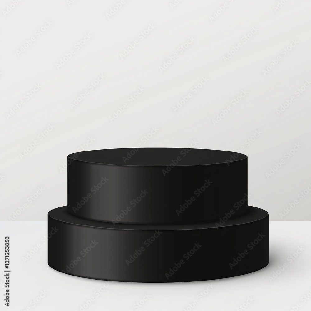 Realistic illustration of a two-tiered black matte podium with smooth edges, subtle shading, and soft shadows, set against a clean white background for a professional and striking design. Realistic illustration of a two-tiered black matte podium with smooth edges, subtle shading, and soft shadows, set against a clean white background for a professional and striking design.