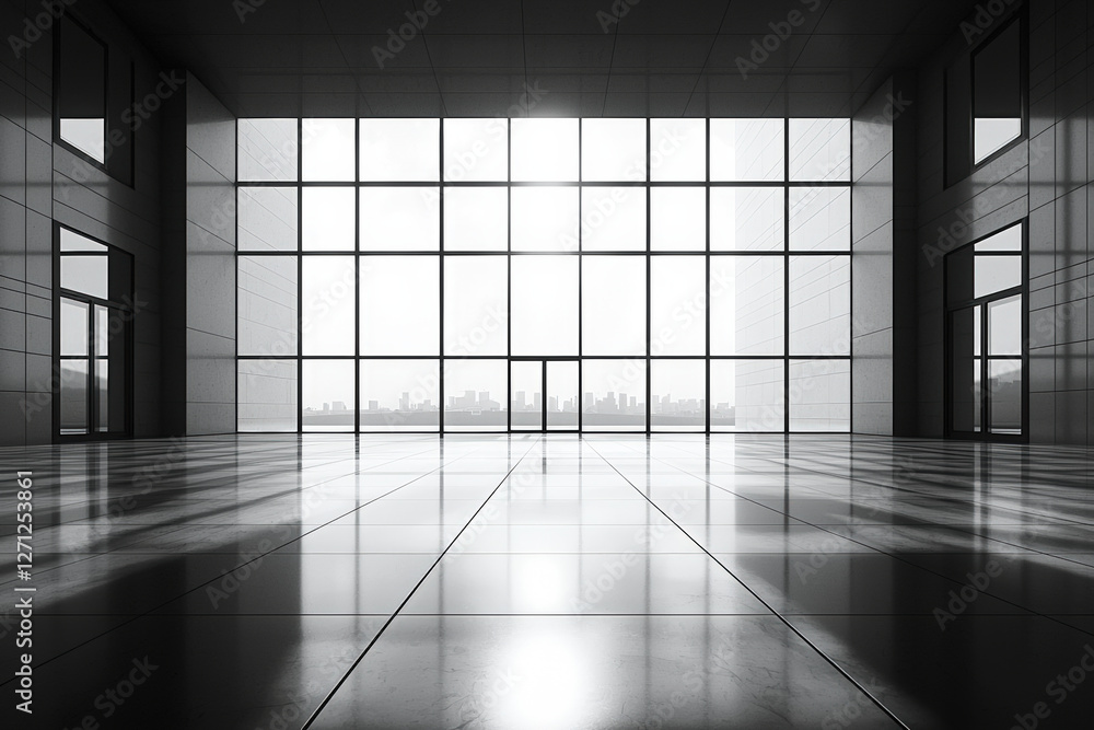 Modern architectural interior with large glass windows, creating spacious and minimalistic atmosphere. Modern architectural interior with large glass windows, creating spacious and minimalistic atmosphere.