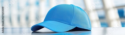 Sports Apparel Concept, A vibrant blue cap rests on a surface, showcasing its textured design against a blurred background. photo