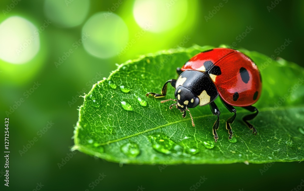 A vibrant ladybug crawling on a fresh green leaf A vibrant ladybug crawling on a fresh green leaf