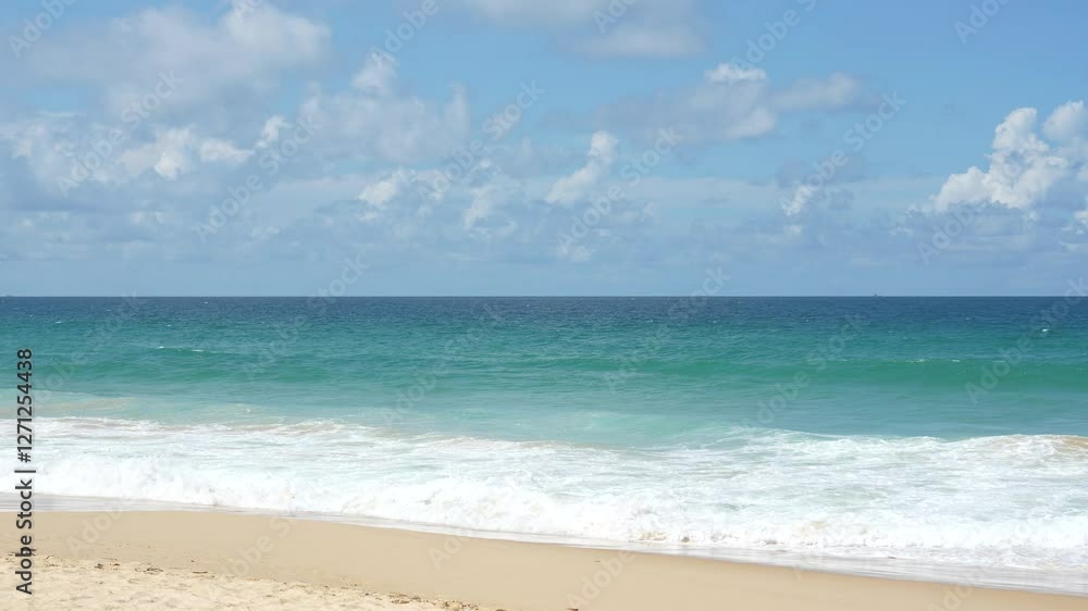 Beautiful landscape beach sea in good weather day. Sand blue seawater blue sky background Nature and travel concept Beautiful landscape beach sea in good weather day. Sand blue seawater blue sky background Nature and travel concept
