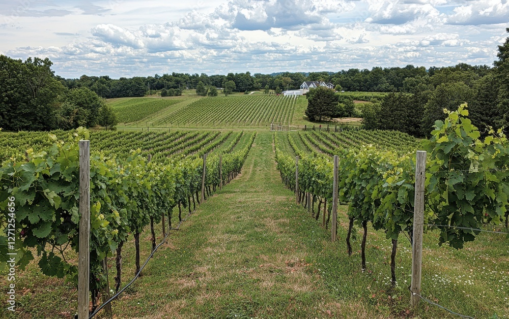 Naklejka premium A vineyard with rows of grapevines stretching into the distance