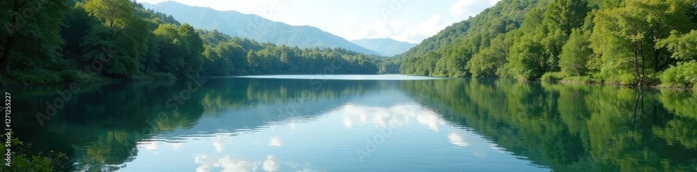 Obraz premium Wide serene lake reflected in still pond water, lakes, calm, water features